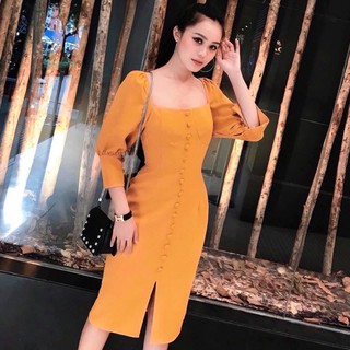Đầm body vàng cam nút bọc