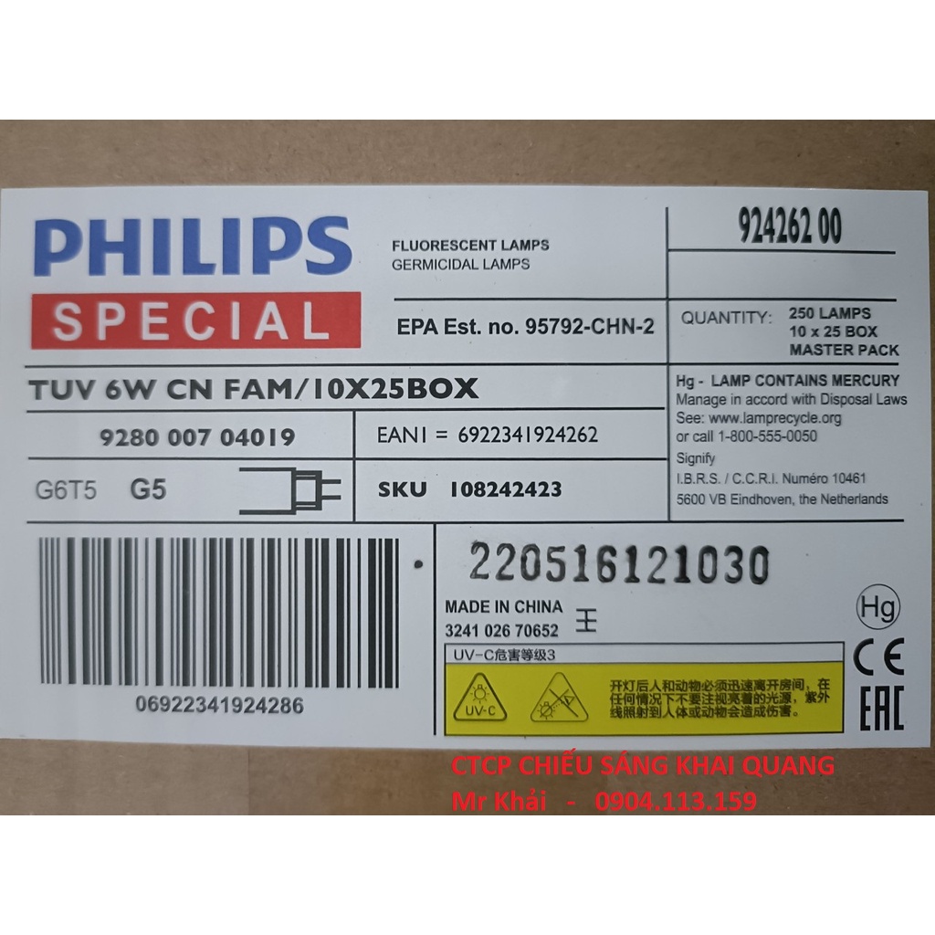 Bóng tiệt trùng máy lọc nước Philips TUV 6W G6 T5 MADE IN CHINA