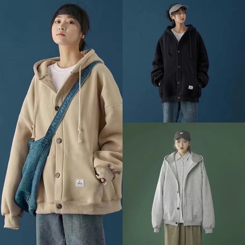Áo Khoác Hoodie Nỉ Trơn Unisex (FREE SIZE) - Áo Có Mũ, Cài Cúc Hàng Thu Đông AH1 - Hàng mới về