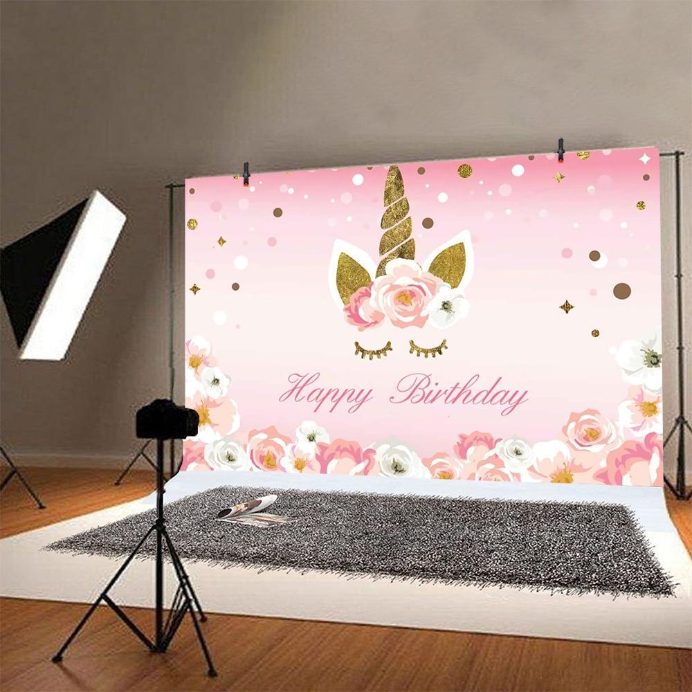 Beautiful Golden Unicorn Flowers Pink Background Girl Birthday Party Decoration Photography Studio 3D Digital Backdrop Cloth