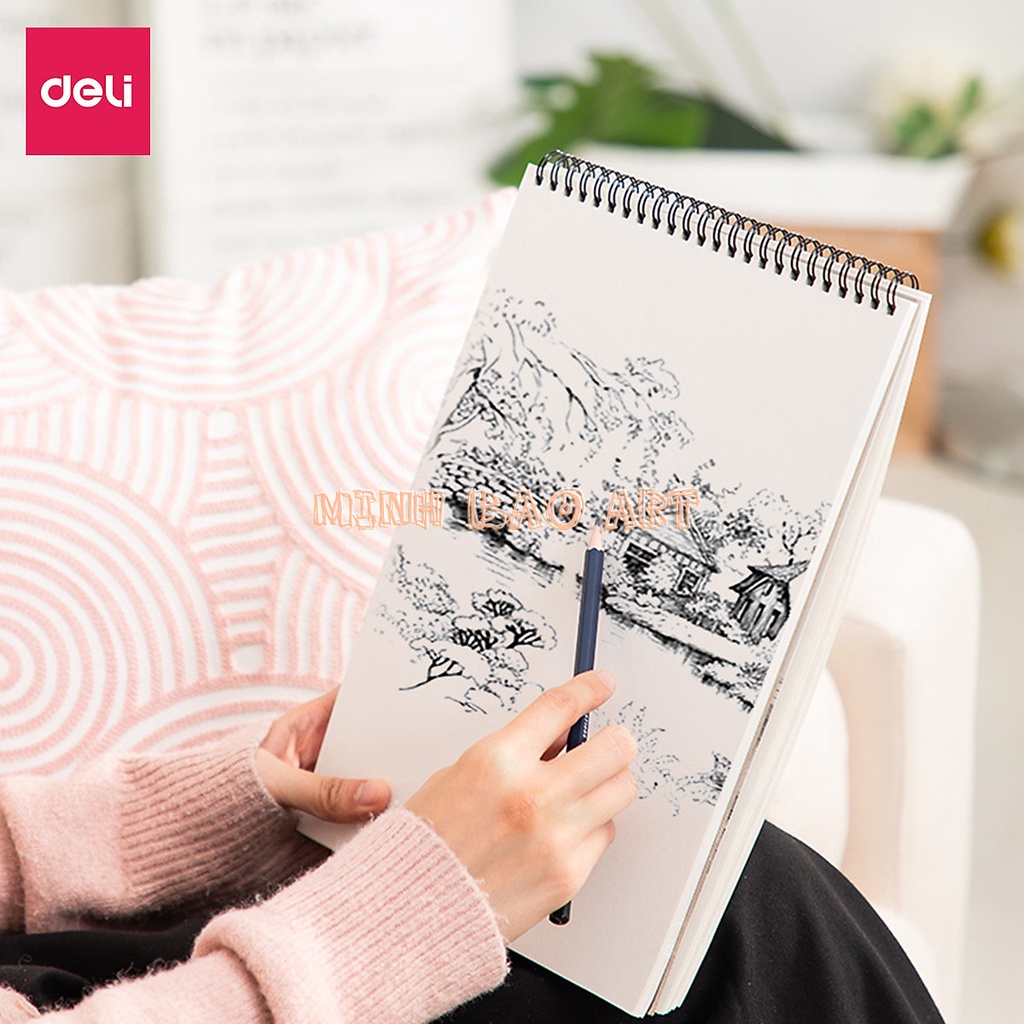 SỔ PHÁC THẢO 100GSM 40 TRANG LÒ XO KÉP NHIỀU KÍCH CỠ DELI SKETCHNOTE VẼ PHÁC HỌA, SKETCHPAPER, GIẤY MỊN TỰ NHIÊN-1 QUYỂN