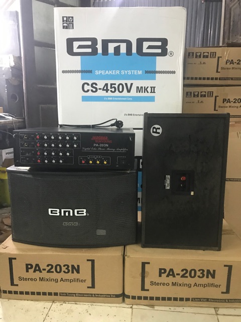 Bộ Karaoke gia đình gồm Amply 203N  AC  & đôi loa BMB450  từ nam châm kép