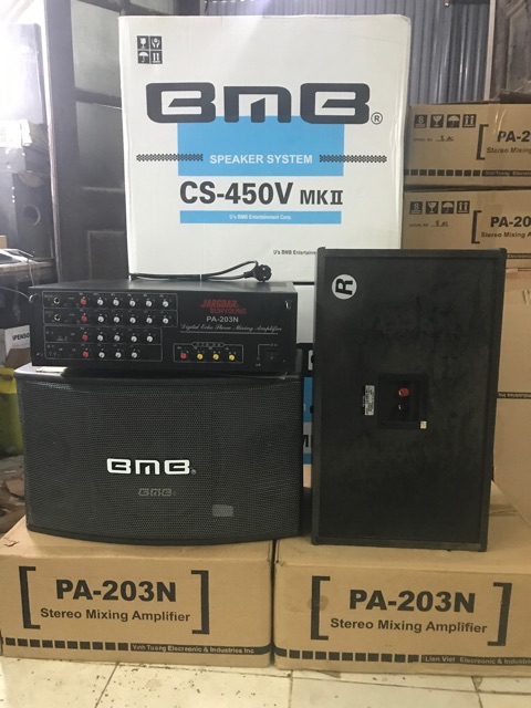 Bộ karaoke Gia Đình gồm Amply 203N (12so) AC (tosiba) & đôi loa BMB450 (bas25) từ nam châm kép