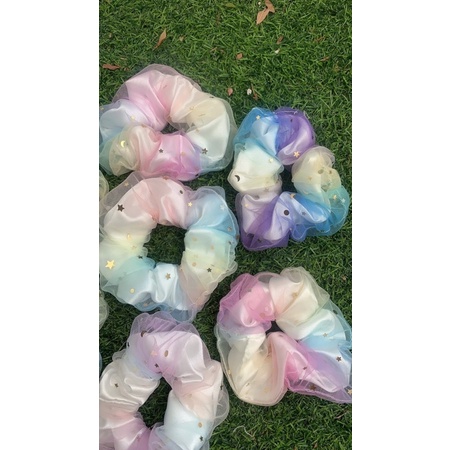 Dây buộc tóc, cột tóc scrunchies càu vòng 2 lớp siu to size 13cm lụa hàn quốc phối lưới