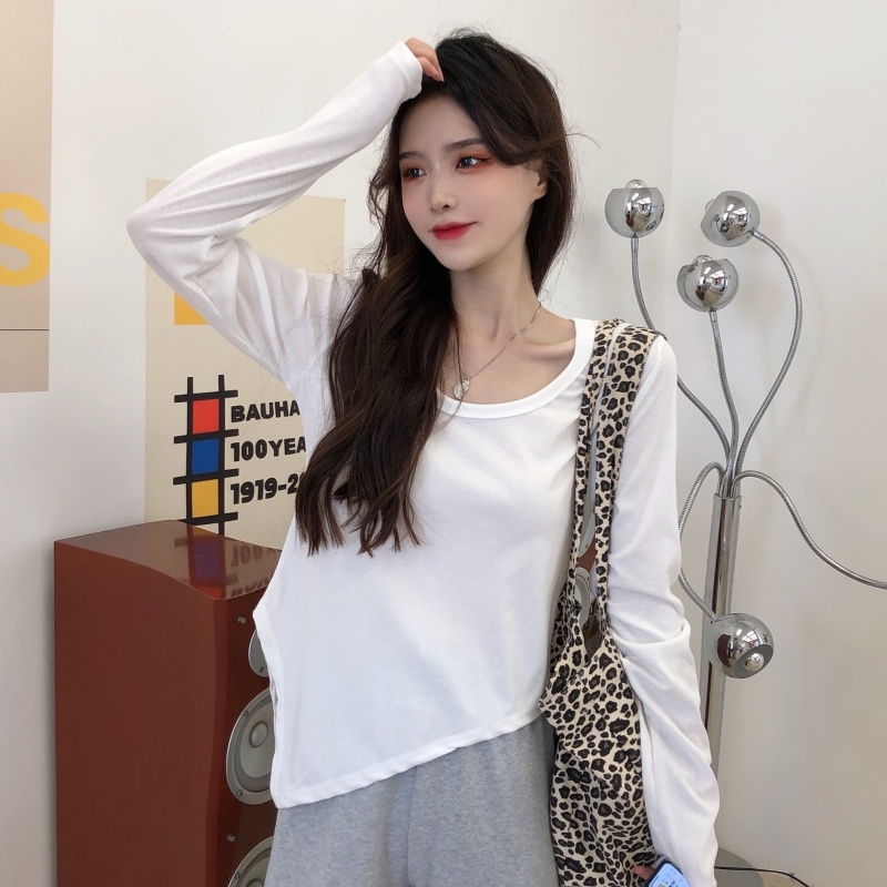 ZHELIHANGFEI Áo Thun Tay Dài Cổ Tròn Thiết Kế Bất Đối Xứng Thời Trang