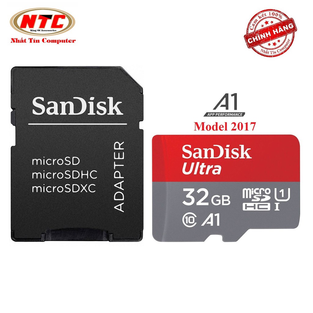 Thẻ nhớ MicroSDHC SanDisk Ultra A1 32GB Class 10 U1 98MB/s kèm adapter - Model 2017 (Xám đỏ)