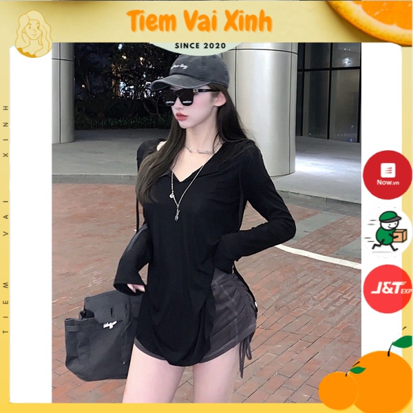 Áo Thun Nữ Dáng Rộng Dài Tay 🍊[Tiệm Vải Xinh]🍊 Áo Thun Nữ Có Mũ Mix Quần Đùi Dây Rút Năng Động - Phong Cách Hàn Quốc