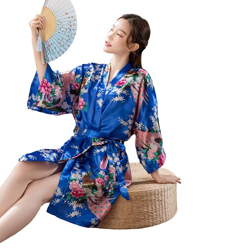 Áo Choàng Ngủ Kimono Vải Lụa Lạnh Mỏng In Hình Chim Công Thời Trang Mùa Hè Mới Cho Nữ