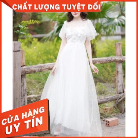 Đầm maxi dự tiệc mặc cưới tay loa sang trọng kết hoa nổi -size M/L (có ảnh/video thật) MS34V