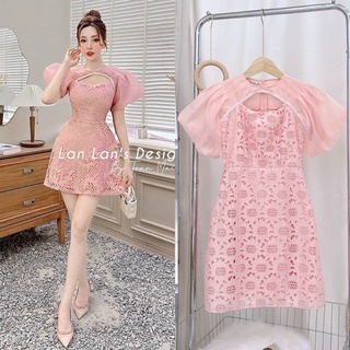 Đầm ren hồng tiểu thư có tay ngắn bồng/phồng khoét/cut ngực, váy ngắn form chữ A dễ thương sang trọng thời trang dự tiệc