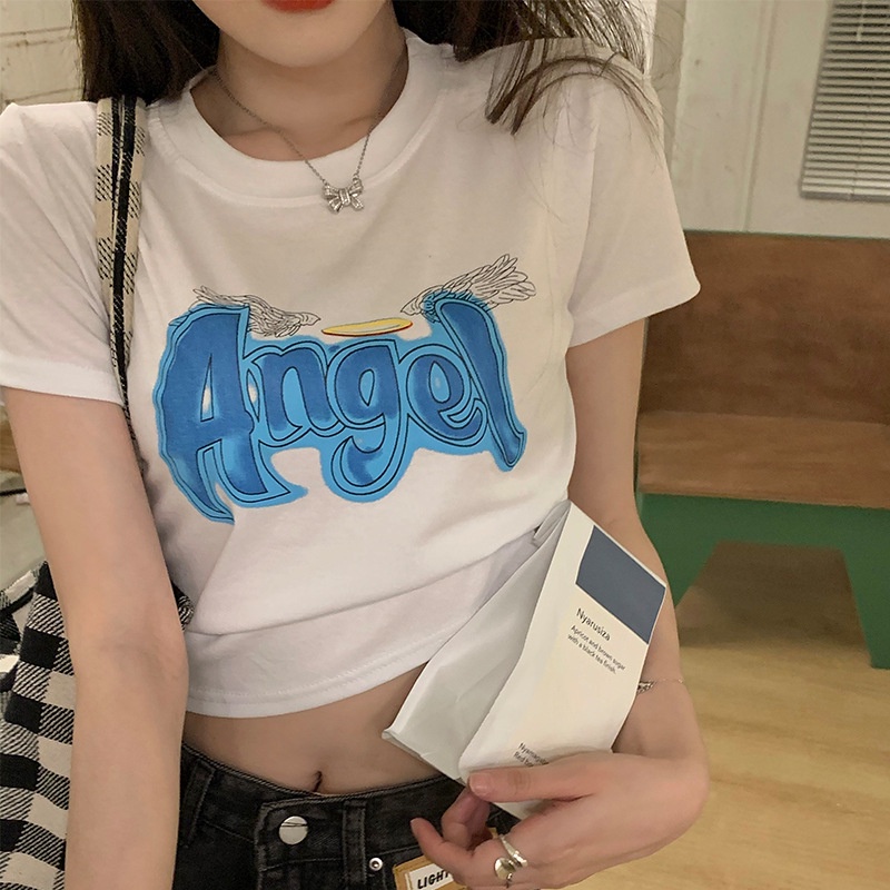 WANGJIAOZHAN Áo Thun Tay Ngắn Dáng Ôm In Chữ Phong Cách Hàn Quốc Thời Trang Cho Nữ
