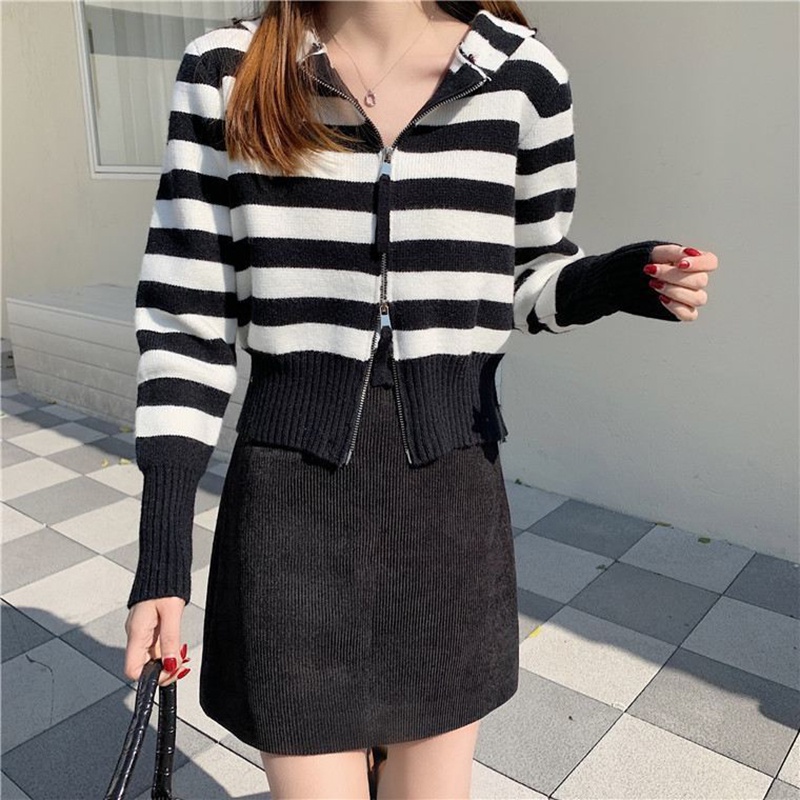 IELGY Áo khoác hoodie ngắn dệt kim thiết kế hai dây kéo thời trang cho nữ