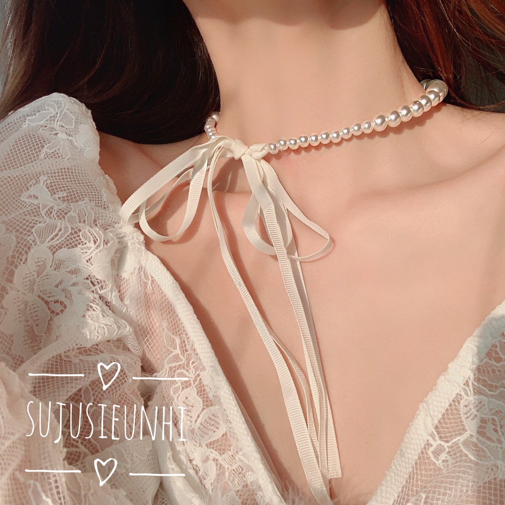 Vòng cổ choker ngọc buộc dây 2 trong 1(có thể đeo đầu)