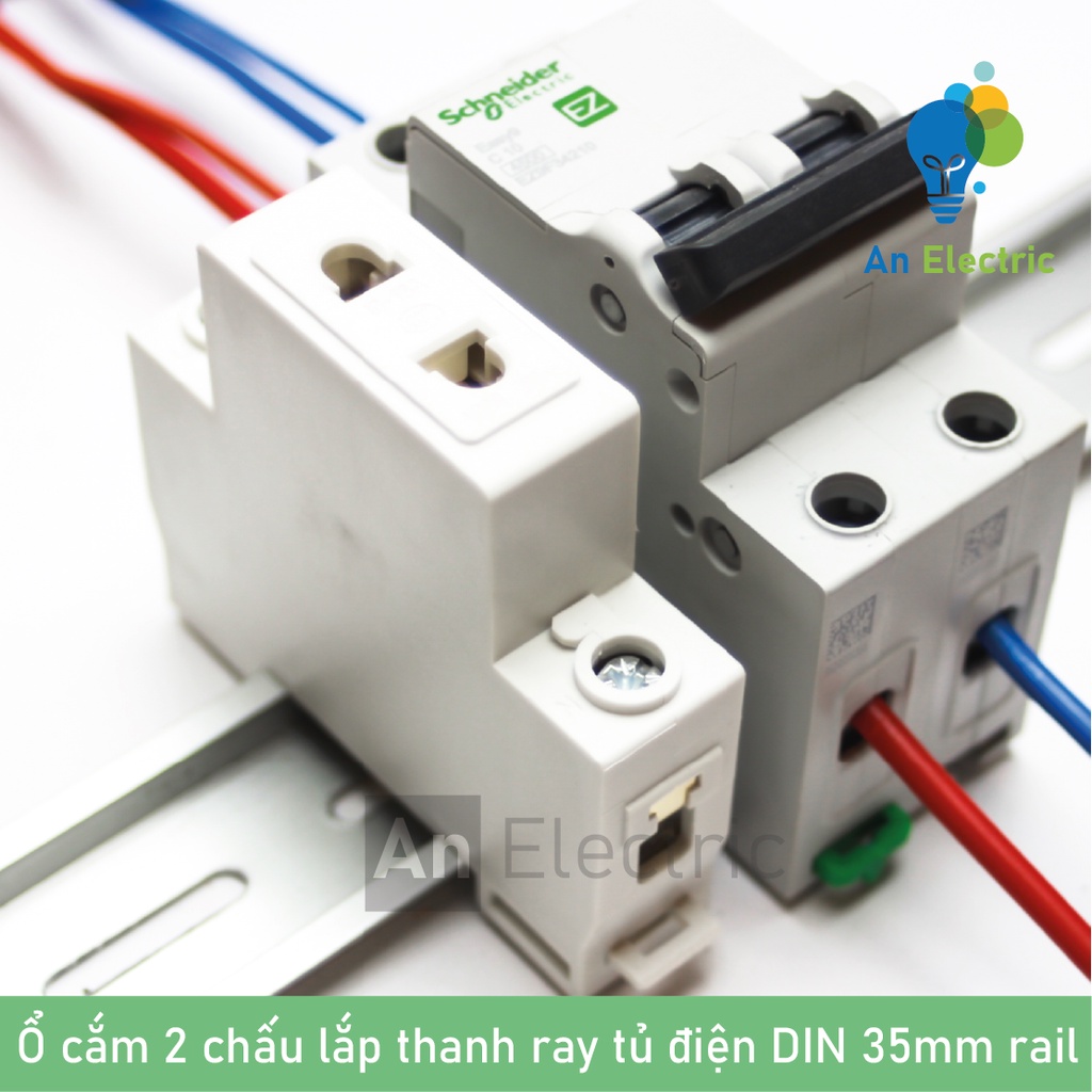 Ổ cắm 2 chấu lắp thanh ray tủ điện DIN 35mm rail