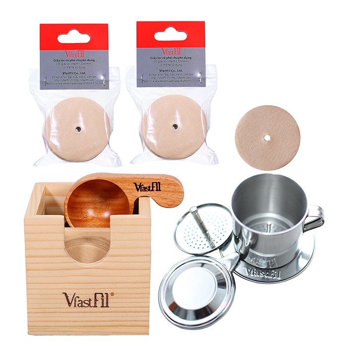 1 phin cafe inox VfastFil và 100 giấy lọc cafe pha phin đường kính 55mm, giấy lọc cafe phin làm từ bột gỗ tự nhiên