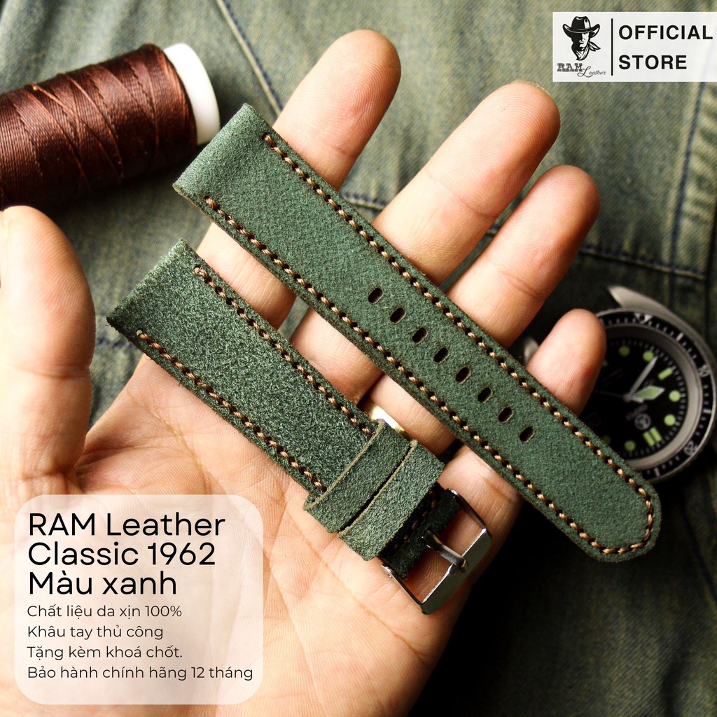Dây Đồng Hồ Da Bò Thật Bền Đẹp Lộn Màu Xanh Lục Cao Cấp - Chính Hãng RAM 1962