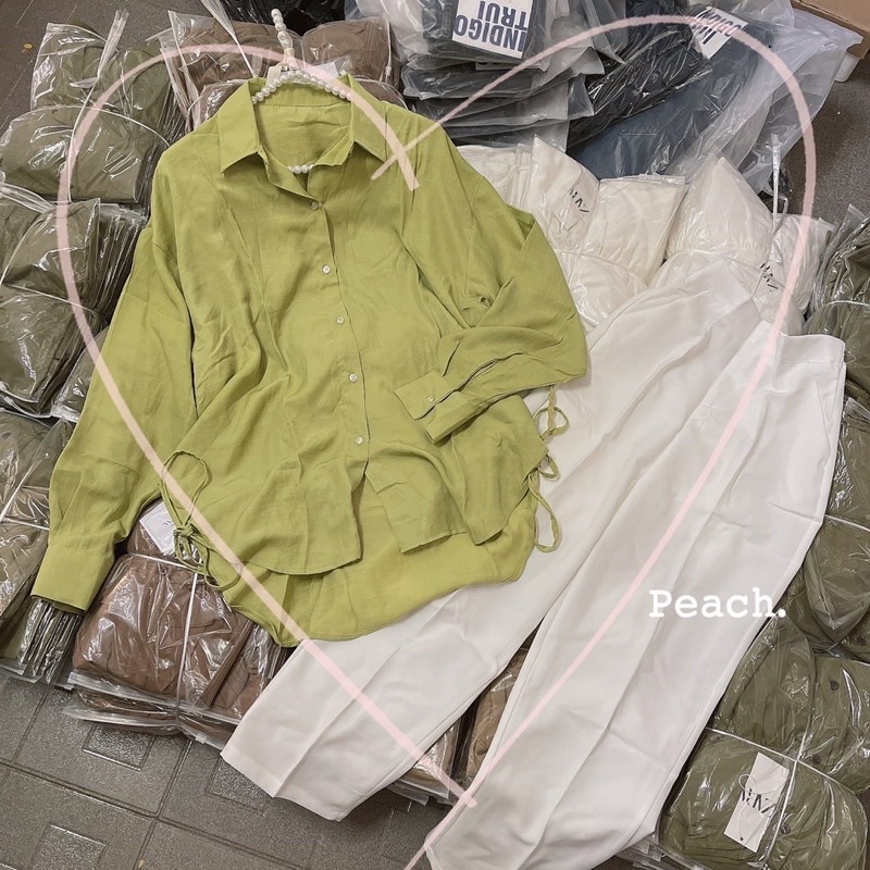 Set áo sơ mi xanh bơ LINH NGỌC ĐÀM + quần baggy tây trắng VIBES