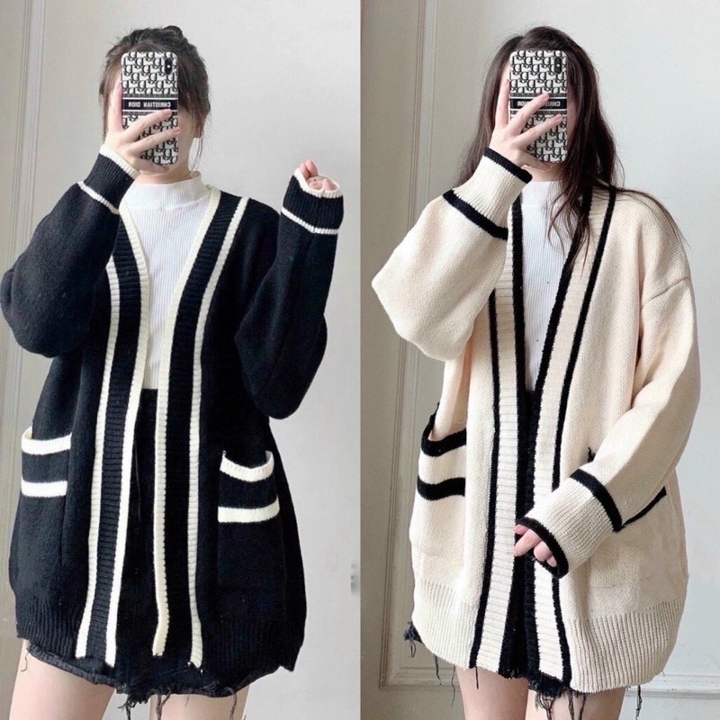 Áo khoác cardigan viền đen trắng, áo len mịn phong cách hàn quốc.