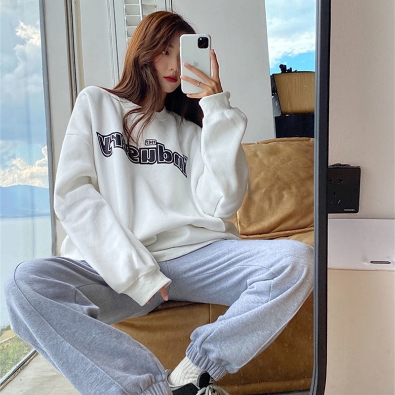 Áo sweater nữ dài tay dáng rộng phối nhung thời trang | BigBuy360 - bigbuy360.vn