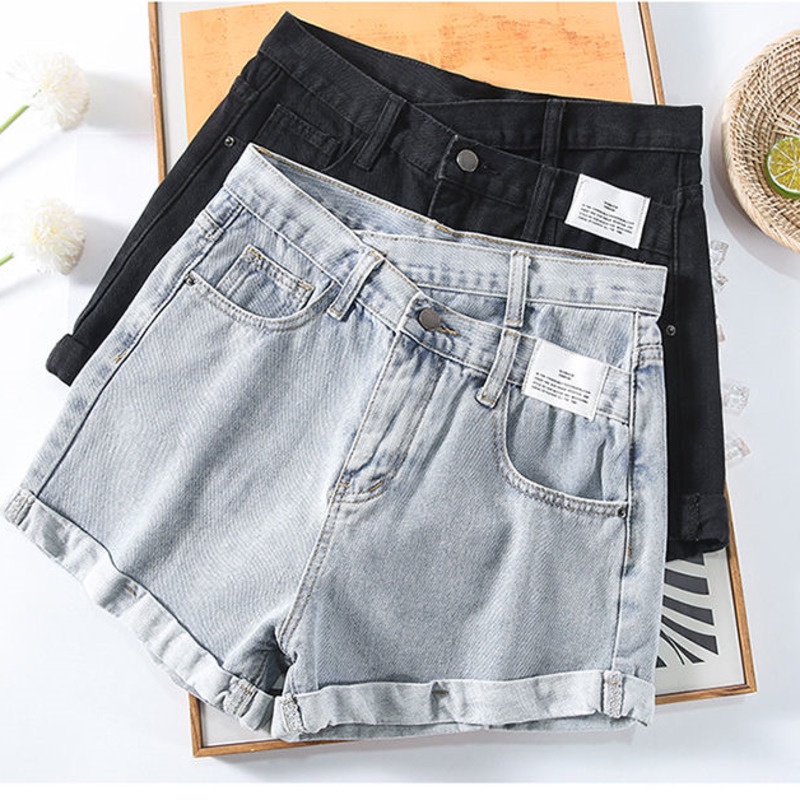 Quần Short Denim Bất Đối Xứng 164256 Quần Short Nữ Lưng Cao Dáng Chữ a Thời Trang