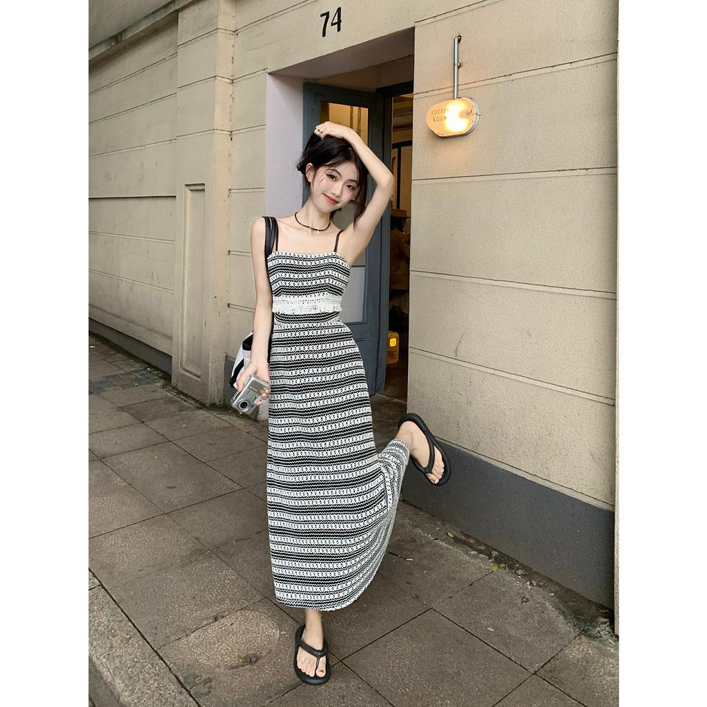 「 WELOVE1 」Đầm Dệt Kim Ôm Eo Họa Tiết Kẻ Sọc Phong Cách Retro