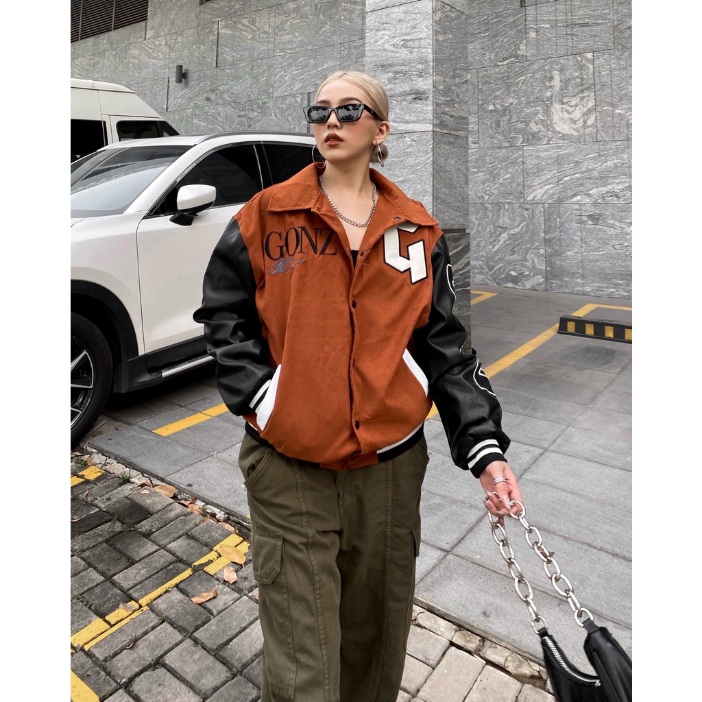 [Hiphop] Áo Khoác Da Lộn Form Rộng Phối Tay Da Leather Seeve Jacket Varsity V16 - Màu Nâu