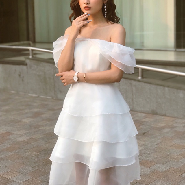 Đầm dự tiệc dạ hội lotus dress  thiết kế trễ vai váy kính 4 tầng caocaobycaochen 2 màu đen trắng có bigsize
