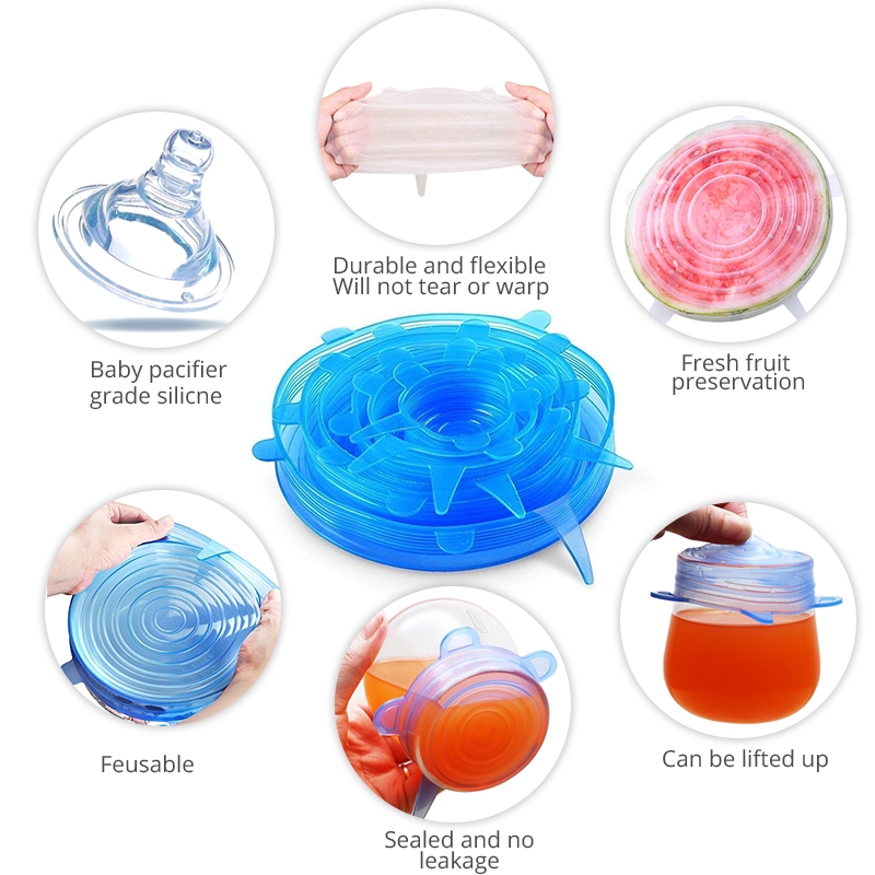 Set 6 Nắp Silicone Bảo Quản Thực Phẩm Tươi Tắn Có thể Sử Dụng Nhiều Lần Tiện Dụng