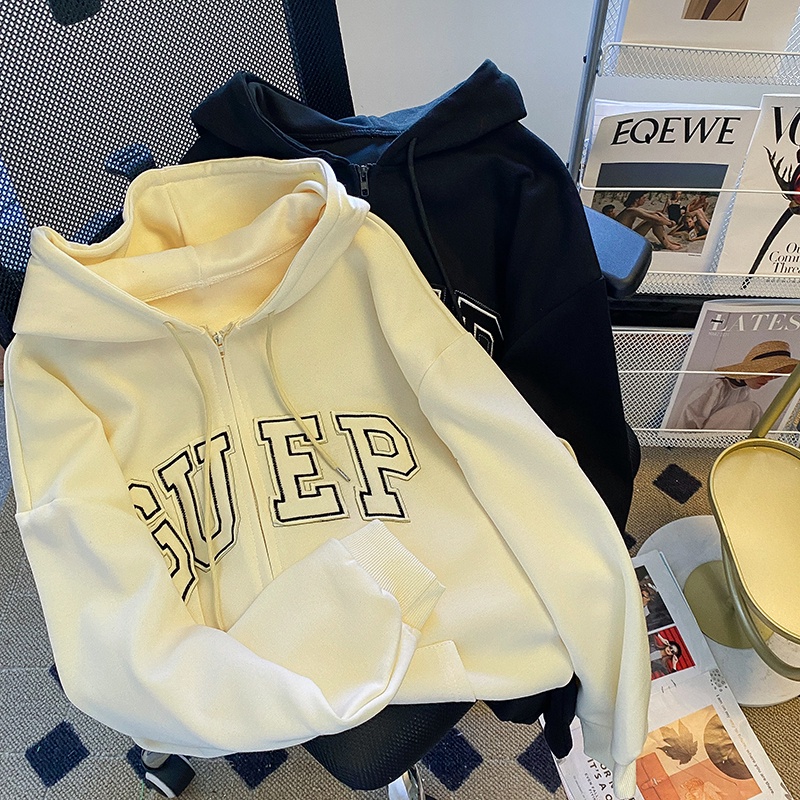 ZHELIHANGFEI Áo Khoác Hoodie Tay Dài Dáng Rộng Thêu Họa Tiết Phong Cách Nhật Bản