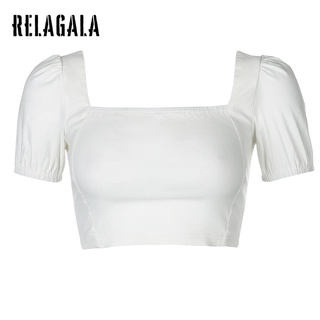 Áo croptop RELAGALA tay ngắn phồng cổ vuông thời trang cho nữ