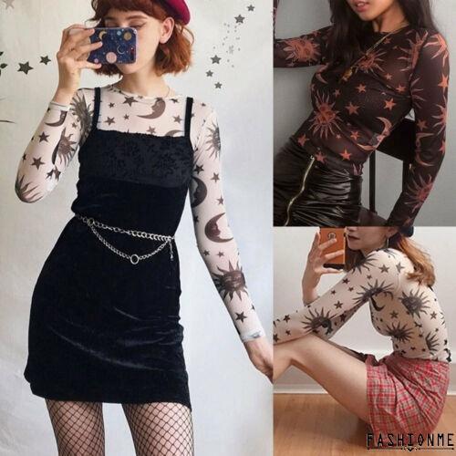 .Áo Croptop Tay Dài Cổ Tròn Phối Lưới Xuyên Thấu Gợi Cảm