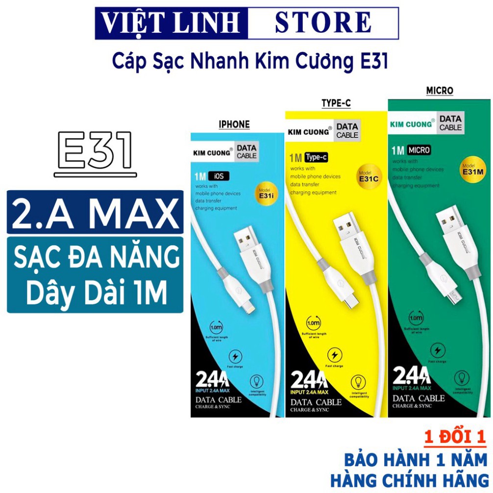 Dây cáp sạc nhanh iPhone, Samsung, Android Micro, Type-C, IOS dây dù 1m E31, hàng chính hãng bảo hành - Việt Linh Stor