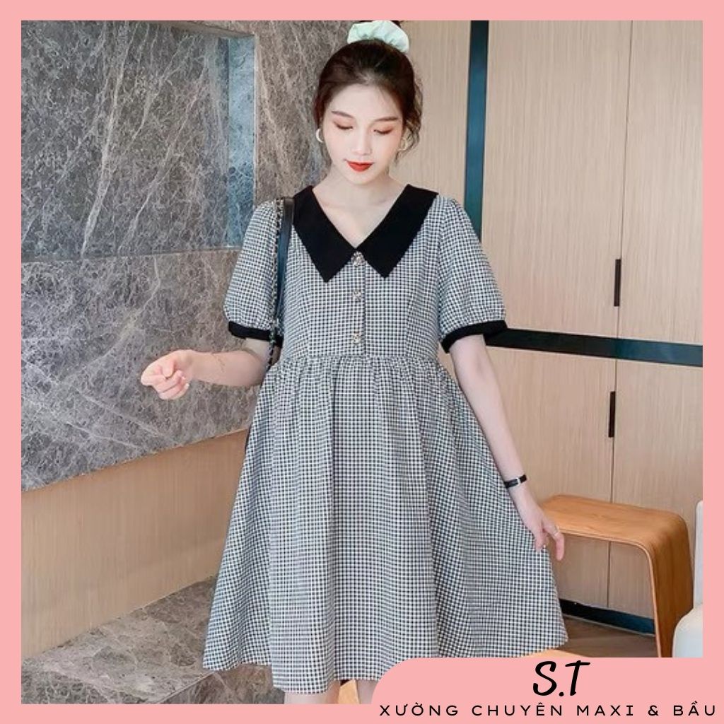 Váy babydoll💞FREESHIP💞Váy bầu bí bon chen thiết kế Hàn Quốc, sọc trắng đen dễ thương, chất kate lụa thoáng mát