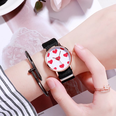 Đồng Hồ Nư Dây Vải Dù Mưa Tim D354 Phong Cách Hàn Quốc - Hazo