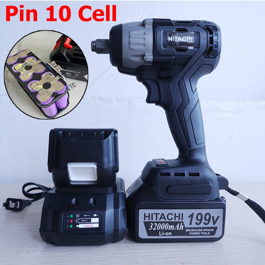 Máy siết bulong Hitachi 199V - 3 ĐÈN LED - PIN 10 Cell - KHÔNG CHỔI THAN, bắt vít ốc ô tô