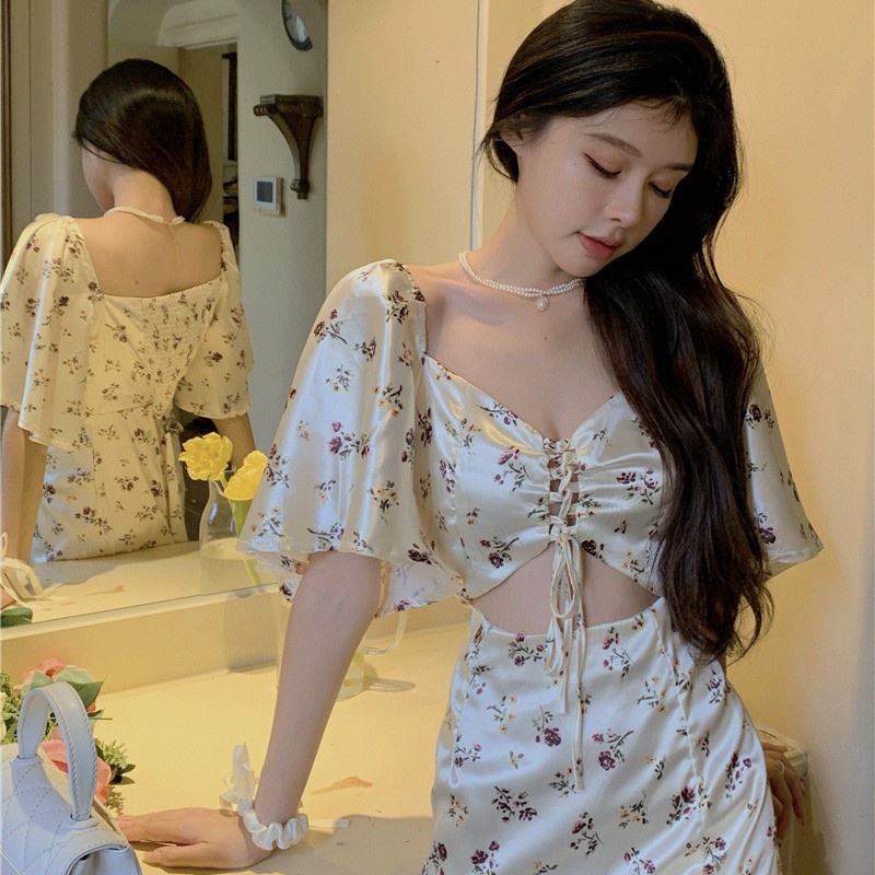 Đầm Tay Ngắn Phồng Cổ Vuông In Họa Tiết Hoa Nhí Xinh Xắn Thời Trang Xuân Hè Cho Nữ