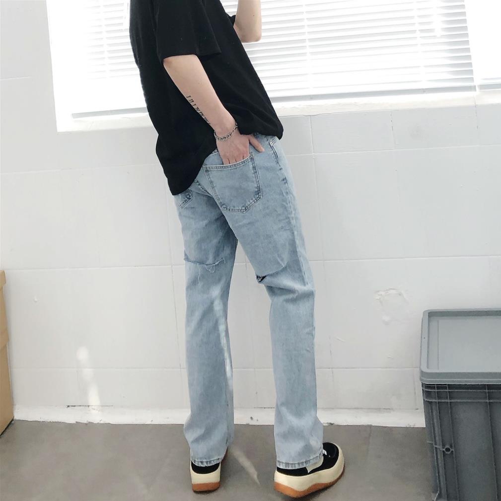 Quần jean baggy xanh nam, nữ ống rộng rách gấu, dáng suông, không phai màu-A10 *