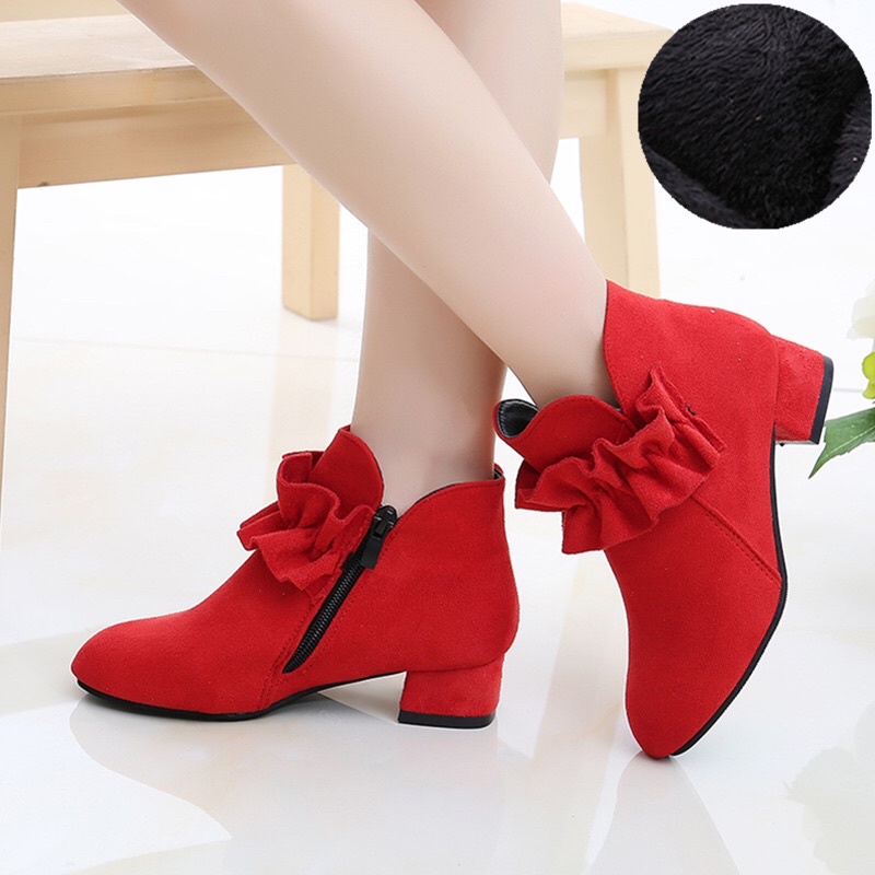 Giày bốt gót cao thời trang Anh Quốc chất dạ xinh xắn dành cho bé gái 3-18 tuổi size 27-37 màu Đen Đỏ Hồng Boots trẻ em