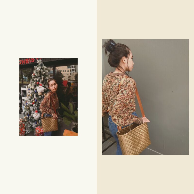 Túi xách tay nữ kèm dây đeo chéo Vintage màu vàng đồng