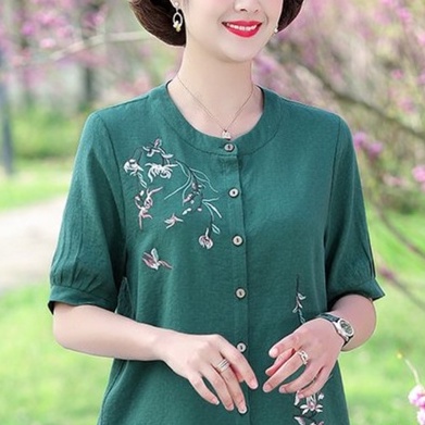 Áo Trung Niên MAI THY 711, Mẫu Áo LINEN Trung Niên Tay Ngắn Cổ Tròn Thêu Hoa Form Bigsize | Thời Trang Trung Niên U50