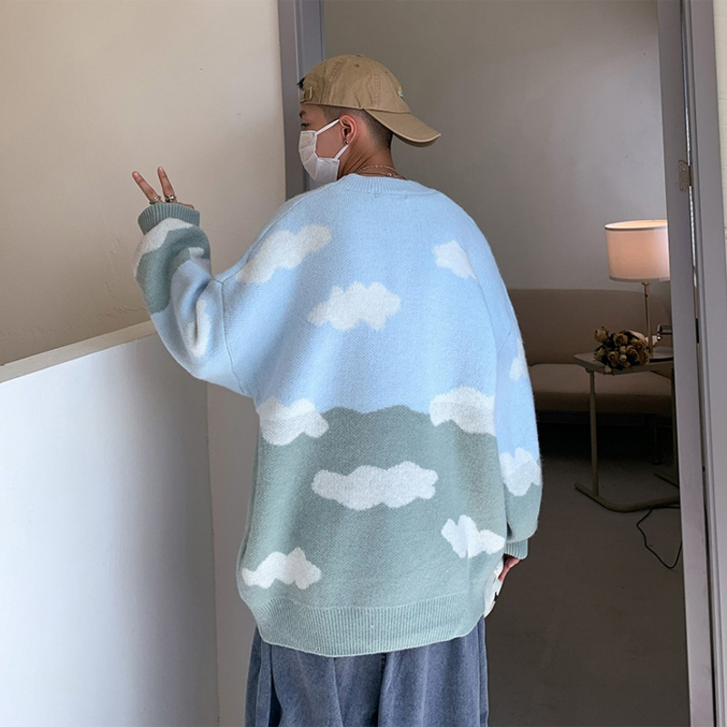 Áo len tay dài dáng rộng họa tiết hoạt hình phong cách thu đông Hàn Quốc cho nam