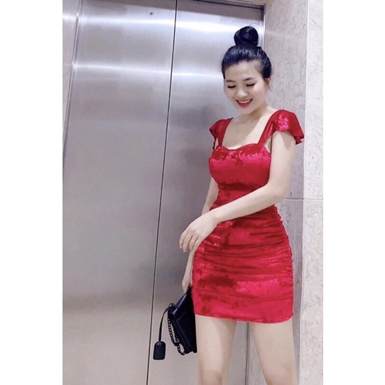 Đầm nhung body nhún tay cánh tiên D273