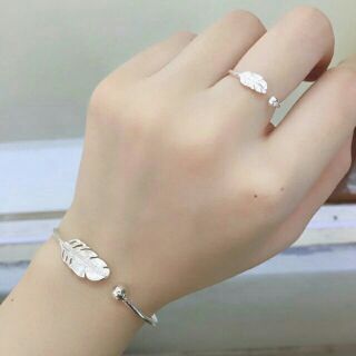 Combo nhẫn và vòng tay bạc hình lông vũ