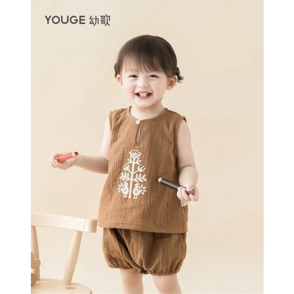 Bộ xô Muslin Organic bé gái BeBoono màu nâu phong cách Ventage 1-5 tuổi