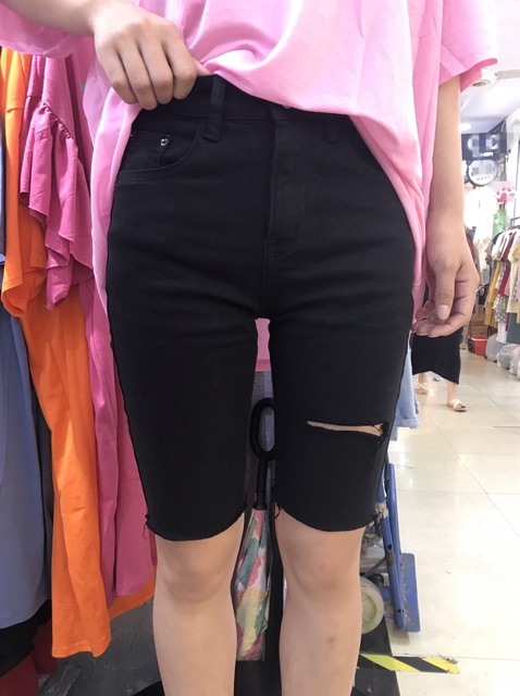 [Size 32-36] Quần Bò Cạp Cao ĐEN TUYỀN/ Ngố Lửng Jeans Lưng Siêu Cao Trên Rốn VẢI DÀY ĐẸP - Trơn/Rách