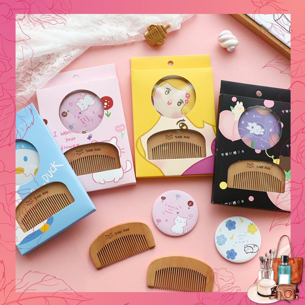 Set lược gỗ + gương mini cầm tay Hàn Quốc dễ thương