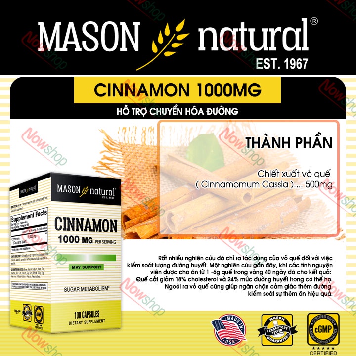 Viên uống hỗ trợ chuyển hóa đường Mason Natural Cinnamon 1000mg giúp ổn định đường huyết và giảm cholesterol hiệu quả