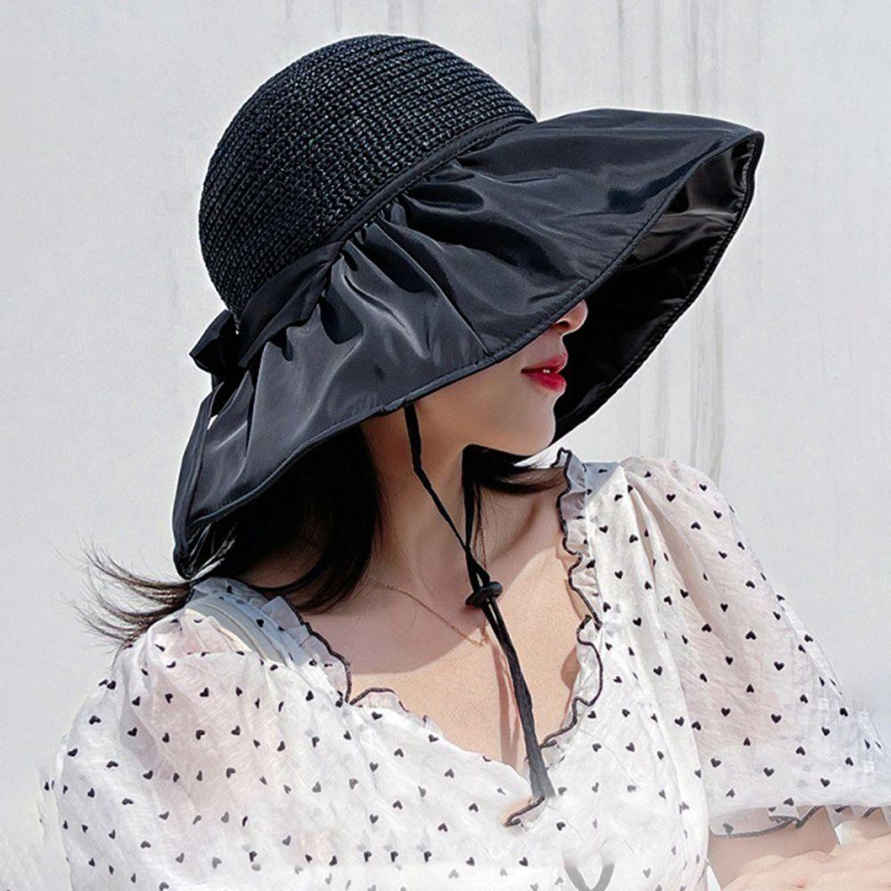 Mũ Rộng Vành Dệt Thủ Công Màu Đen Có Thể Gập Lại Thời Trang Đi Biển Cho Nữ