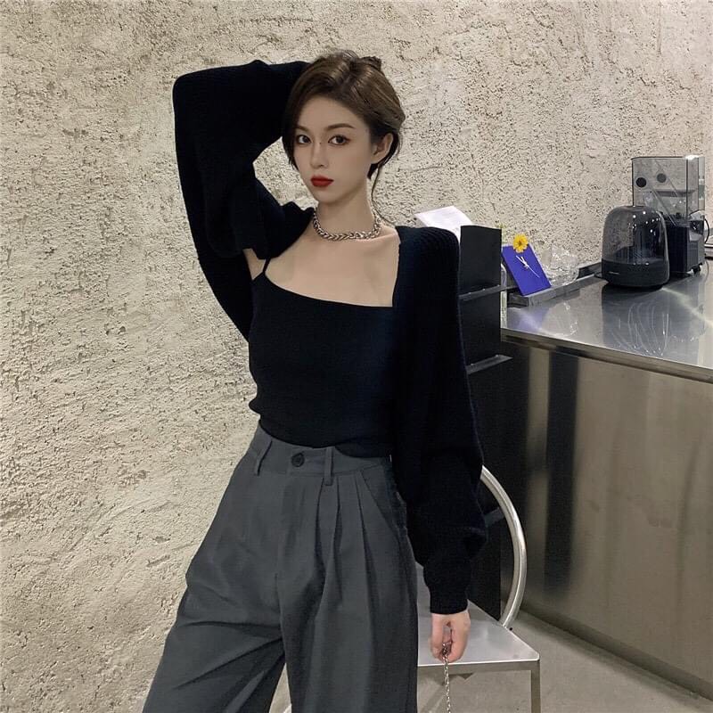 [KHAI TRƯƠNG GIẢM GIÁ SHOCK] Set áo 2 dây + Áo khoác tay bồng Croptop trend Tiktok
