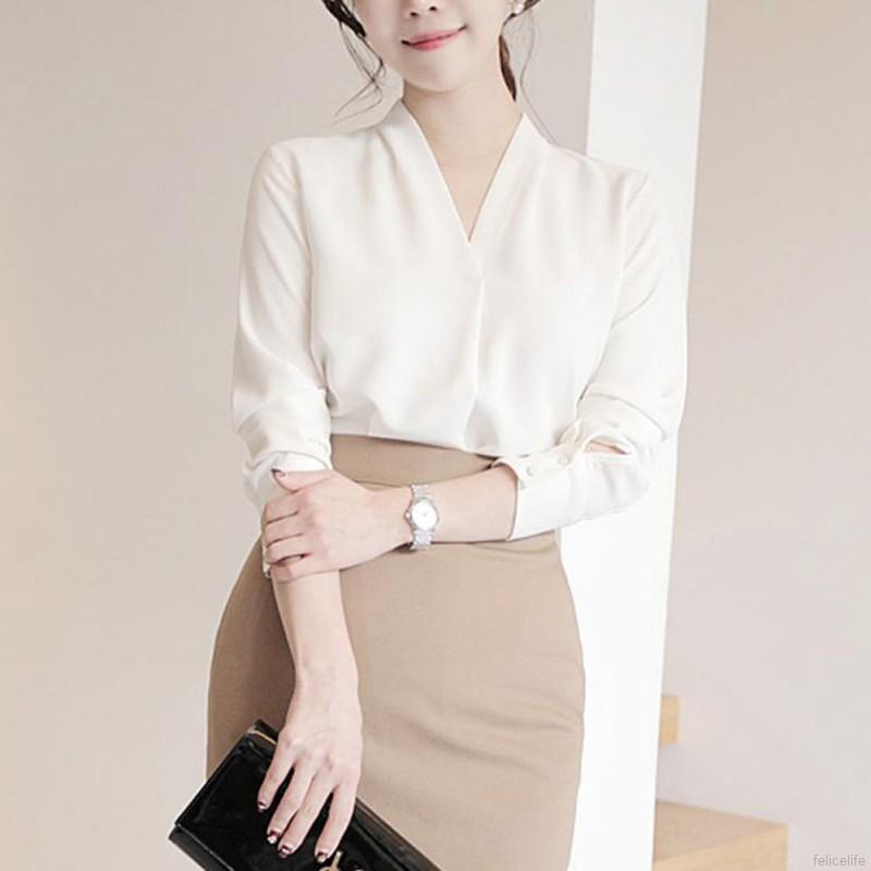 FREESHIP ĐƠN 99K_ Women Elegant Blouse Long Sleeve Solid Sweet V Neck Top Shirt | BigBuy360 - bigbuy360.vn